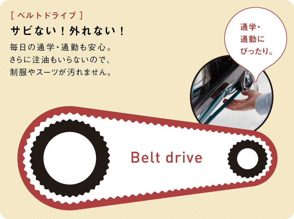 べルトドライブ/サビない!外れない!/毎日の通学・通勤も安心。さらに注油もいらないので、制服やスーツが汚れません。