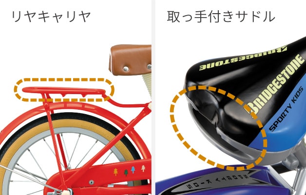 左・リヤキャリヤの画像/右・取っ手付きサドルの画像