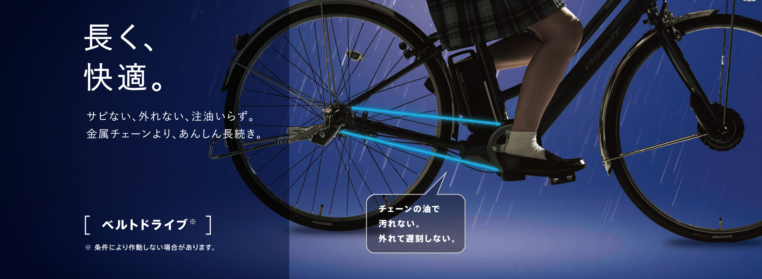 長く快適。サビない、外れない、注油いらずのベルトドライブ